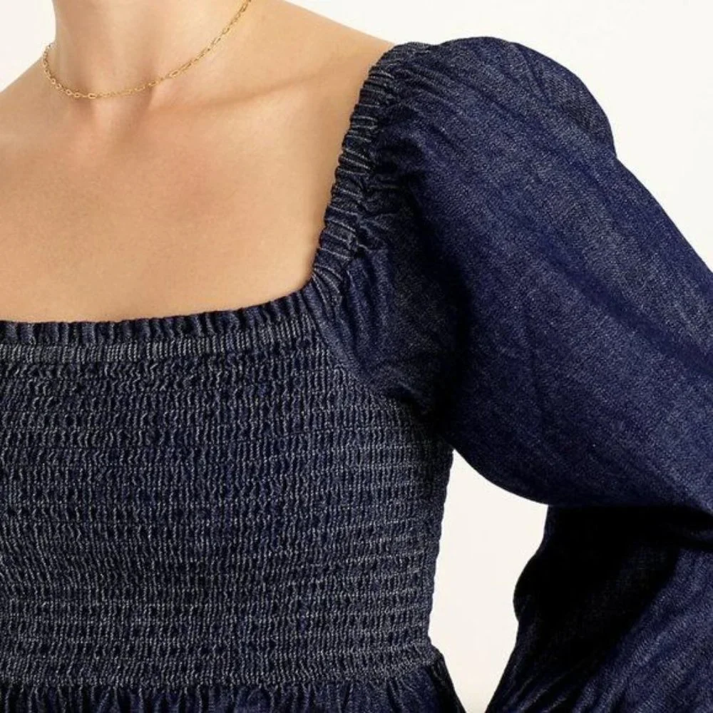 J. Crew Puff Sleeve Chambray Smocked Top in Birch Wash NWT